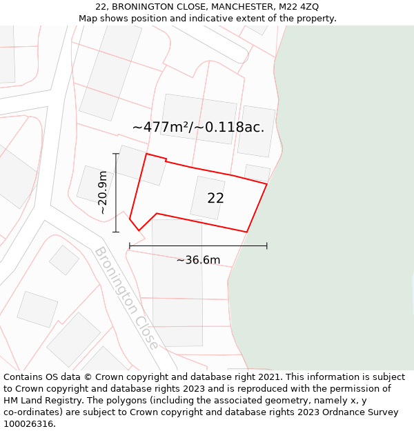 22, BRONINGTON CLOSE, MANCHESTER, M22 4ZQ: Plot and title map