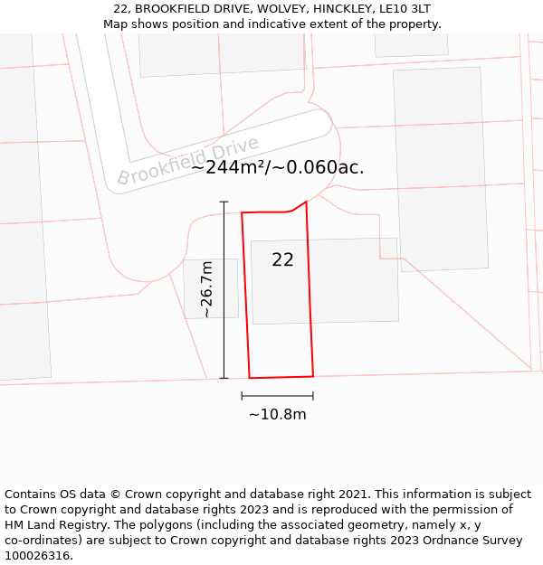 22, BROOKFIELD DRIVE, WOLVEY, HINCKLEY, LE10 3LT: Plot and title map