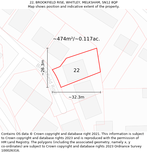 22, BROOKFIELD RISE, WHITLEY, MELKSHAM, SN12 8QP: Plot and title map