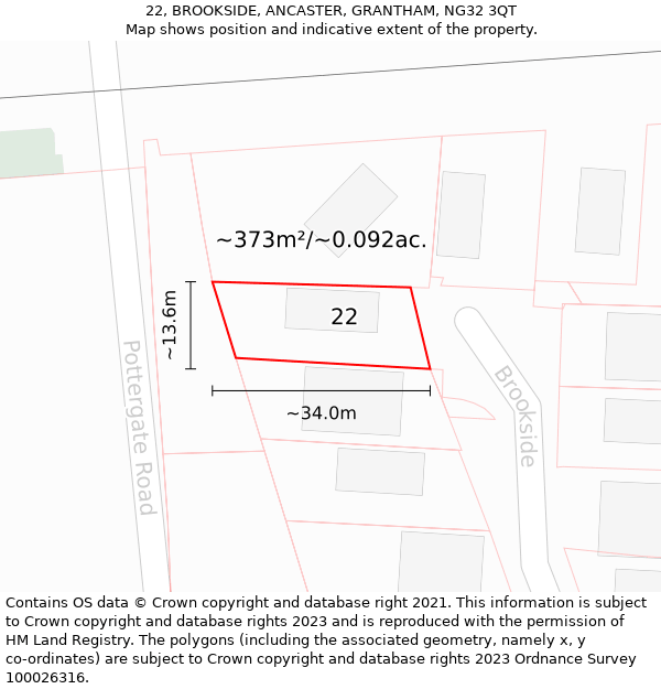 22, BROOKSIDE, ANCASTER, GRANTHAM, NG32 3QT: Plot and title map