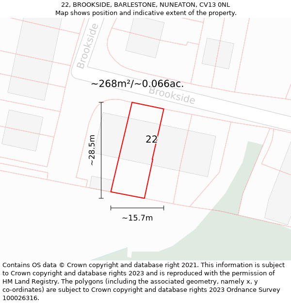 22, BROOKSIDE, BARLESTONE, NUNEATON, CV13 0NL: Plot and title map