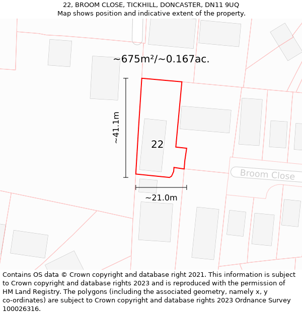22, BROOM CLOSE, TICKHILL, DONCASTER, DN11 9UQ: Plot and title map