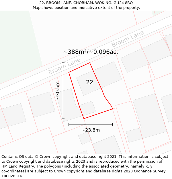 22, BROOM LANE, CHOBHAM, WOKING, GU24 8RQ: Plot and title map