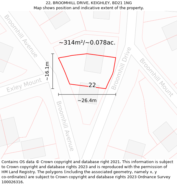 22, BROOMHILL DRIVE, KEIGHLEY, BD21 1NG: Plot and title map