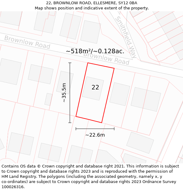 22, BROWNLOW ROAD, ELLESMERE, SY12 0BA: Plot and title map