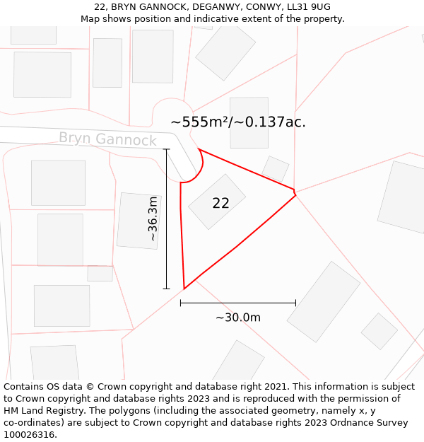 22, BRYN GANNOCK, DEGANWY, CONWY, LL31 9UG: Plot and title map