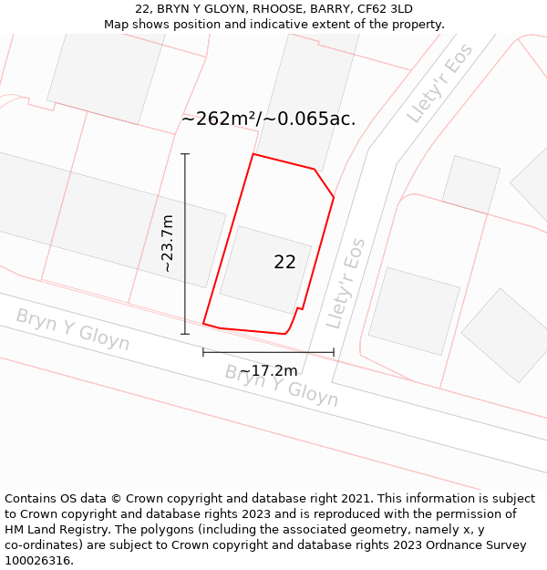 22, BRYN Y GLOYN, RHOOSE, BARRY, CF62 3LD: Plot and title map