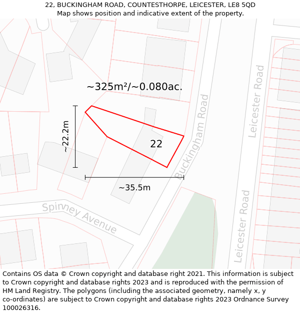 22, BUCKINGHAM ROAD, COUNTESTHORPE, LEICESTER, LE8 5QD: Plot and title map
