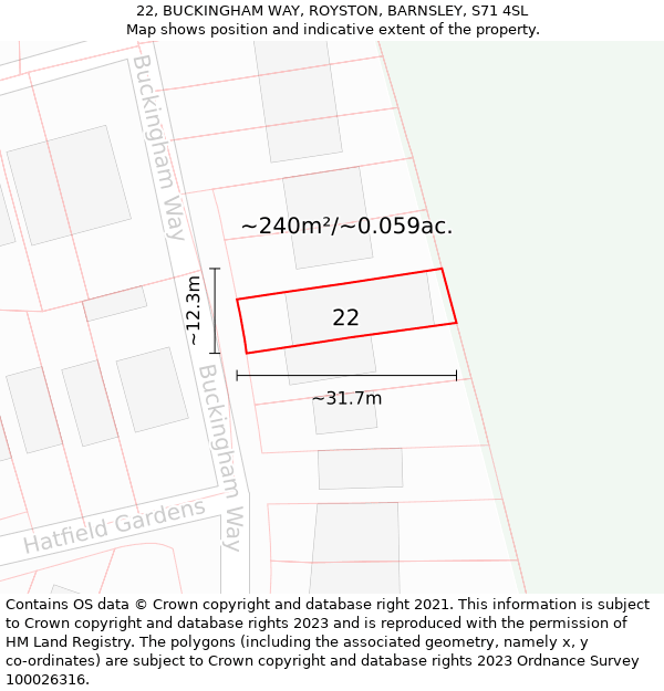 22, BUCKINGHAM WAY, ROYSTON, BARNSLEY, S71 4SL: Plot and title map