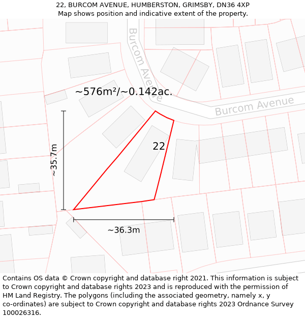 22, BURCOM AVENUE, HUMBERSTON, GRIMSBY, DN36 4XP: Plot and title map