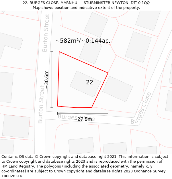 22, BURGES CLOSE, MARNHULL, STURMINSTER NEWTON, DT10 1QQ: Plot and title map