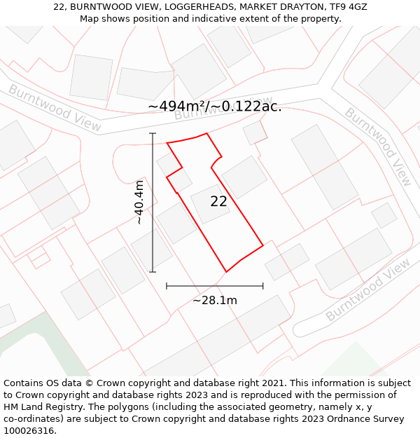 22, BURNTWOOD VIEW, LOGGERHEADS, MARKET DRAYTON, TF9 4GZ: Plot and title map