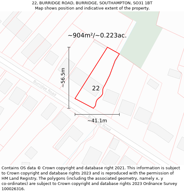 22, BURRIDGE ROAD, BURRIDGE, SOUTHAMPTON, SO31 1BT: Plot and title map