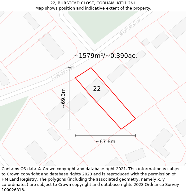 22, BURSTEAD CLOSE, COBHAM, KT11 2NL: Plot and title map