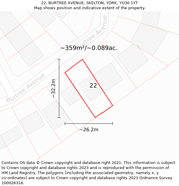 22, BURTREE AVENUE, SKELTON, YORK, YO30 1YT: Plot and title map