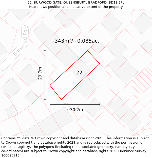 22, BURWOOD GATE, QUEENSBURY, BRADFORD, BD13 2FL: Plot and title map