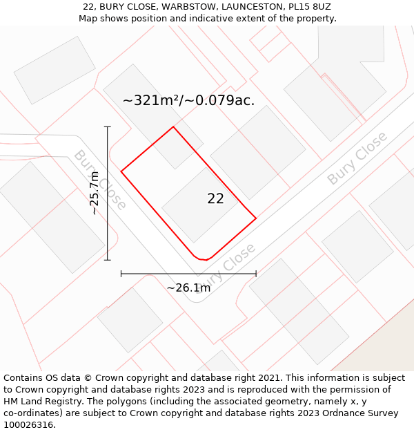 22, BURY CLOSE, WARBSTOW, LAUNCESTON, PL15 8UZ: Plot and title map