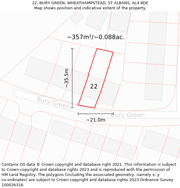 22, BURY GREEN, WHEATHAMPSTEAD, ST ALBANS, AL4 8DE: Plot and title map