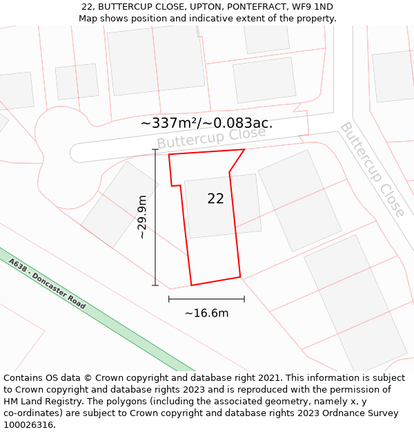 22, BUTTERCUP CLOSE, UPTON, PONTEFRACT, WF9 1ND: Plot and title map