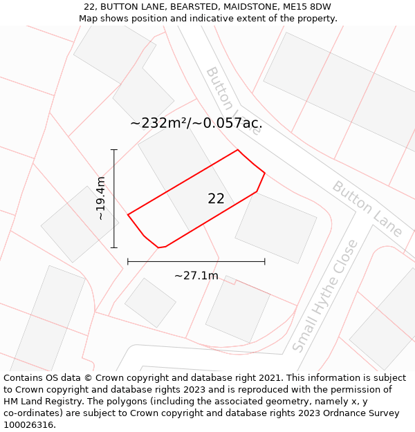 22, BUTTON LANE, BEARSTED, MAIDSTONE, ME15 8DW: Plot and title map