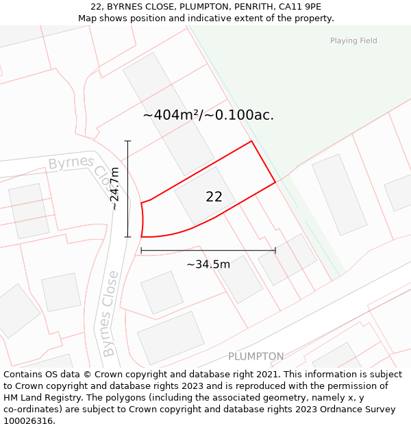 22, BYRNES CLOSE, PLUMPTON, PENRITH, CA11 9PE: Plot and title map