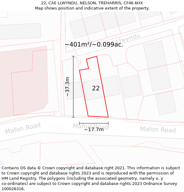 22, CAE LLWYNDU, NELSON, TREHARRIS, CF46 6HX: Plot and title map