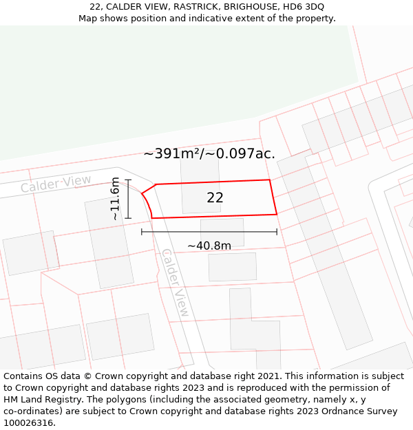 22, CALDER VIEW, RASTRICK, BRIGHOUSE, HD6 3DQ: Plot and title map