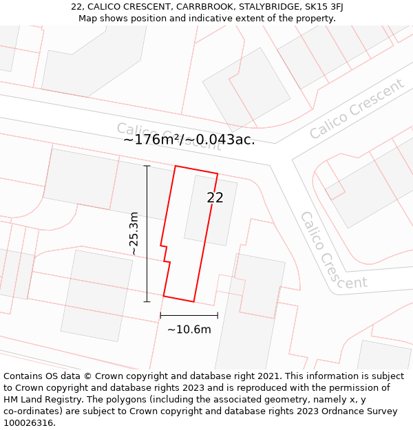 22, CALICO CRESCENT, CARRBROOK, STALYBRIDGE, SK15 3FJ: Plot and title map