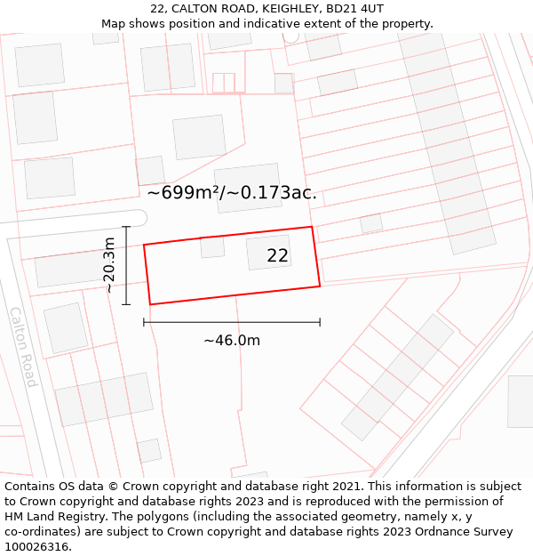 22, CALTON ROAD, KEIGHLEY, BD21 4UT: Plot and title map