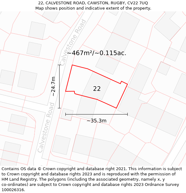 22, CALVESTONE ROAD, CAWSTON, RUGBY, CV22 7UQ: Plot and title map