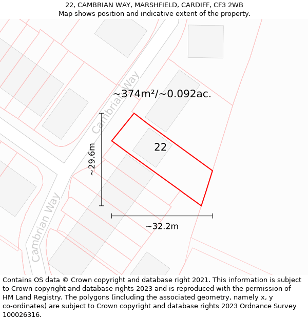 22, CAMBRIAN WAY, MARSHFIELD, CARDIFF, CF3 2WB: Plot and title map