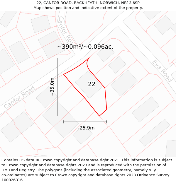 22, CANFOR ROAD, RACKHEATH, NORWICH, NR13 6SP: Plot and title map