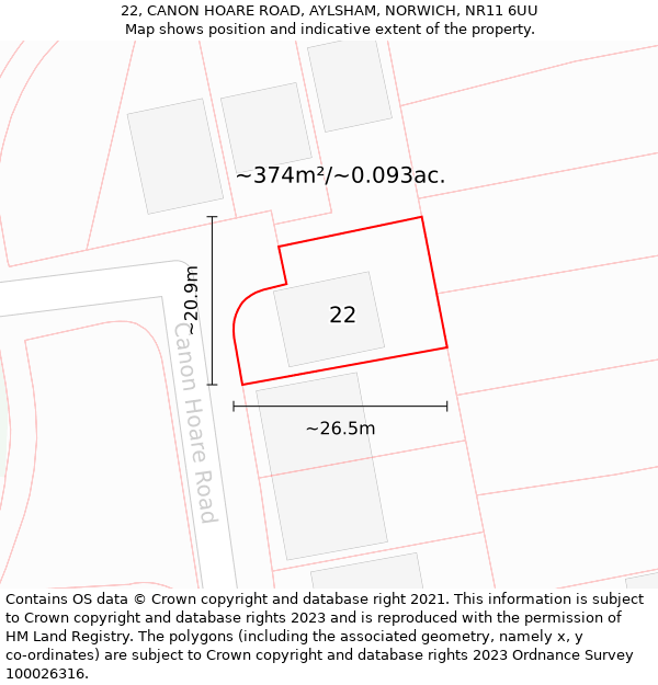 22, CANON HOARE ROAD, AYLSHAM, NORWICH, NR11 6UU: Plot and title map