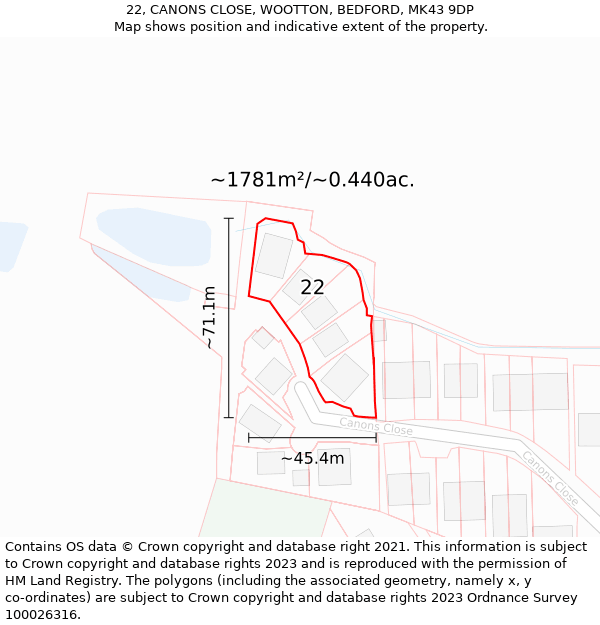 22, CANONS CLOSE, WOOTTON, BEDFORD, MK43 9DP: Plot and title map