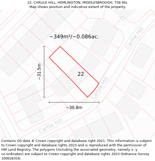 22, CARLILE HILL, HEMLINGTON, MIDDLESBROUGH, TS8 9SL: Plot and title map