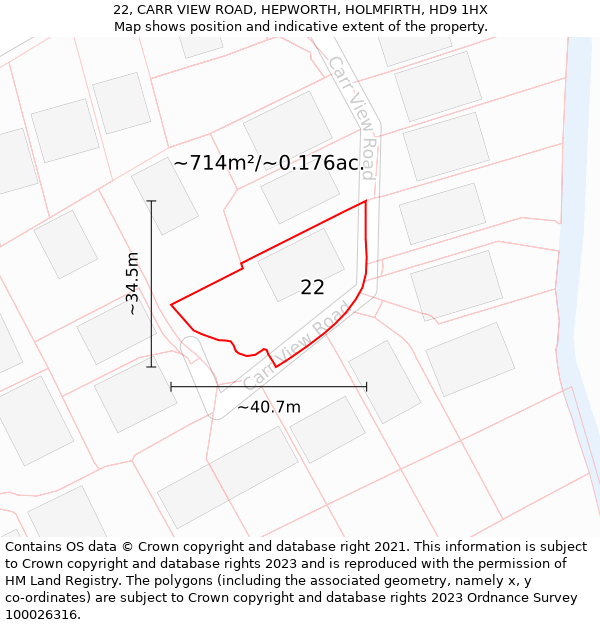 22, CARR VIEW ROAD, HEPWORTH, HOLMFIRTH, HD9 1HX: Plot and title map