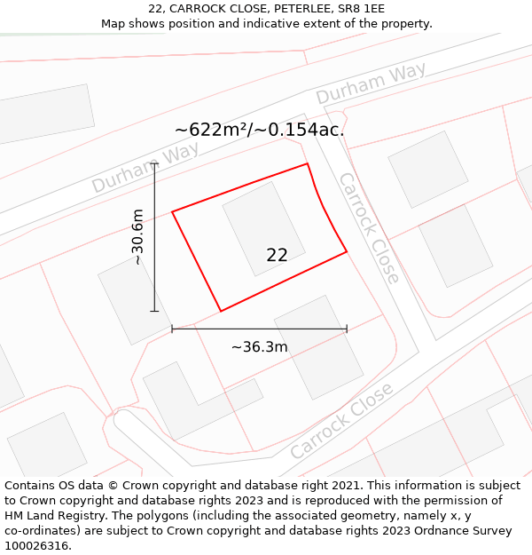 22, CARROCK CLOSE, PETERLEE, SR8 1EE: Plot and title map