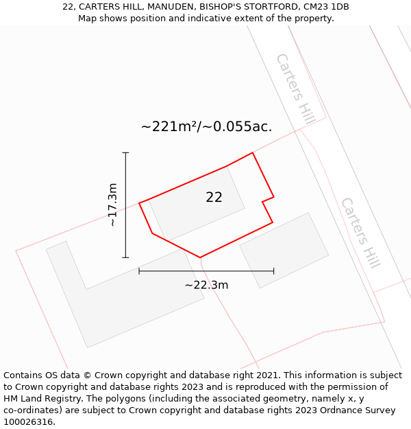 22, CARTERS HILL, MANUDEN, BISHOP'S STORTFORD, CM23 1DB: Plot and title map