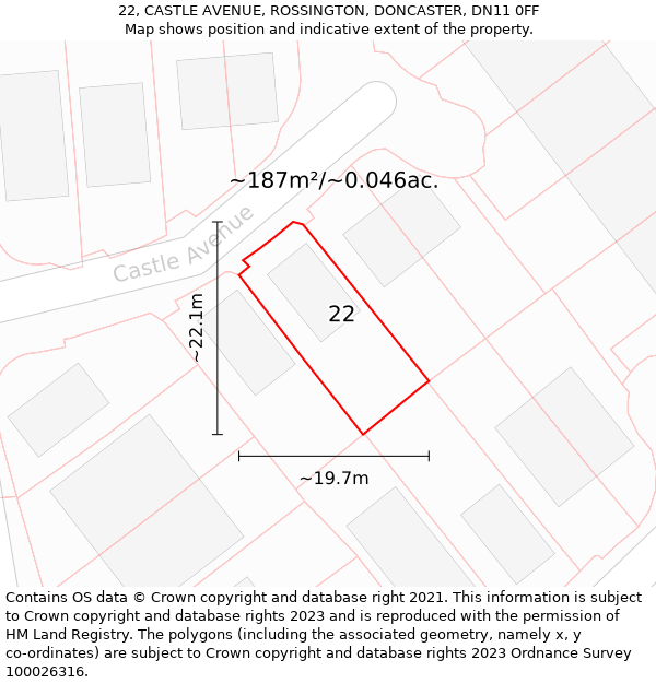 22, CASTLE AVENUE, ROSSINGTON, DONCASTER, DN11 0FF: Plot and title map