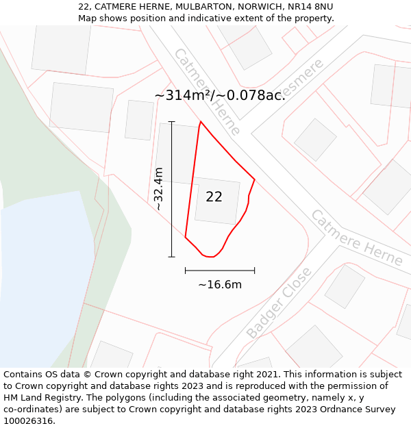 22, CATMERE HERNE, MULBARTON, NORWICH, NR14 8NU: Plot and title map