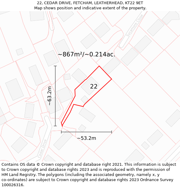 22, CEDAR DRIVE, FETCHAM, LEATHERHEAD, KT22 9ET: Plot and title map