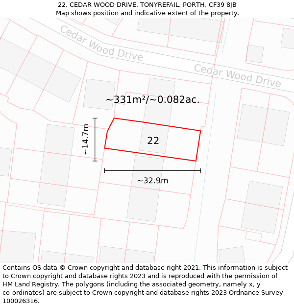 22, CEDAR WOOD DRIVE, TONYREFAIL, PORTH, CF39 8JB: Plot and title map