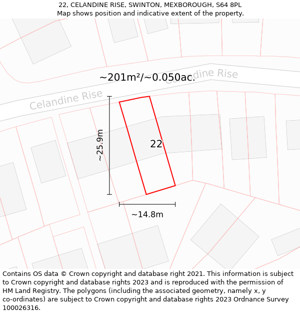 22, CELANDINE RISE, SWINTON, MEXBOROUGH, S64 8PL: Plot and title map