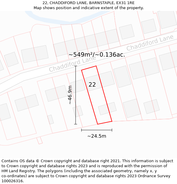 22, CHADDIFORD LANE, BARNSTAPLE, EX31 1RE: Plot and title map