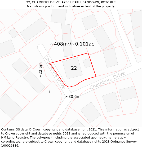 22, CHAMBERS DRIVE, APSE HEATH, SANDOWN, PO36 0LR: Plot and title map