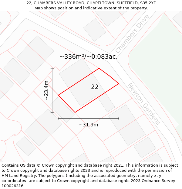22, CHAMBERS VALLEY ROAD, CHAPELTOWN, SHEFFIELD, S35 2YF: Plot and title map