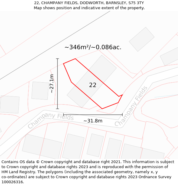 22, CHAMPANY FIELDS, DODWORTH, BARNSLEY, S75 3TY: Plot and title map