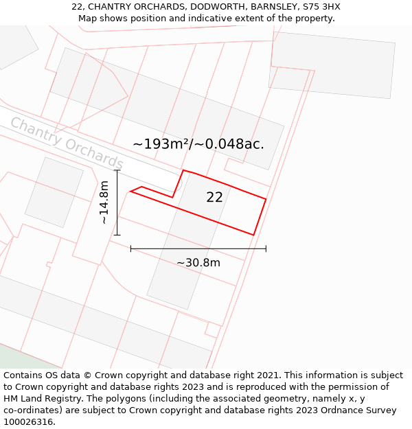 22, CHANTRY ORCHARDS, DODWORTH, BARNSLEY, S75 3HX: Plot and title map
