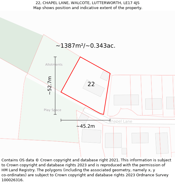 22, CHAPEL LANE, WALCOTE, LUTTERWORTH, LE17 4JS: Plot and title map