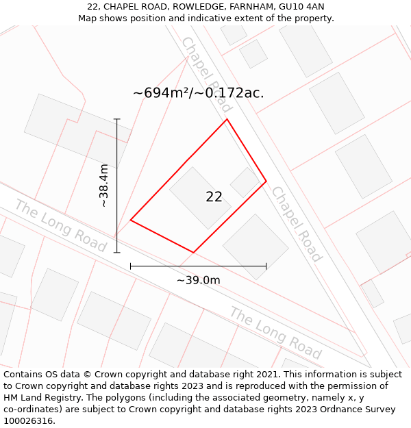 22, CHAPEL ROAD, ROWLEDGE, FARNHAM, GU10 4AN: Plot and title map